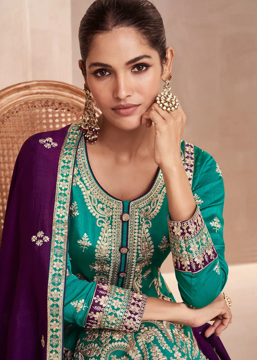 Teal Embroidered Premium Silk Palazzo Suit with Purple Dupatta