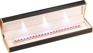 Three LED Lights Black Bracelet Box Luxury PU Leather Dome Top Designed with Gold Color Painted on the Sides Bracelet Necklace Anklet Jewelry Gift Storage Holder Box for Women for Men