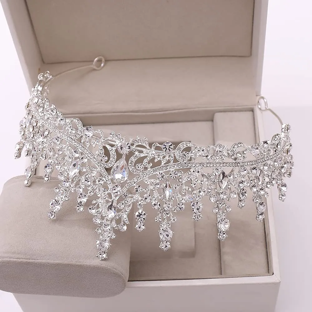 TOBATOBA Silver Wedding Crystal Tiaras and Crowns for Women, Bride Royal Queen Headband Princess Quinceanera Headpieces for Birthday Prom Pageant Party
