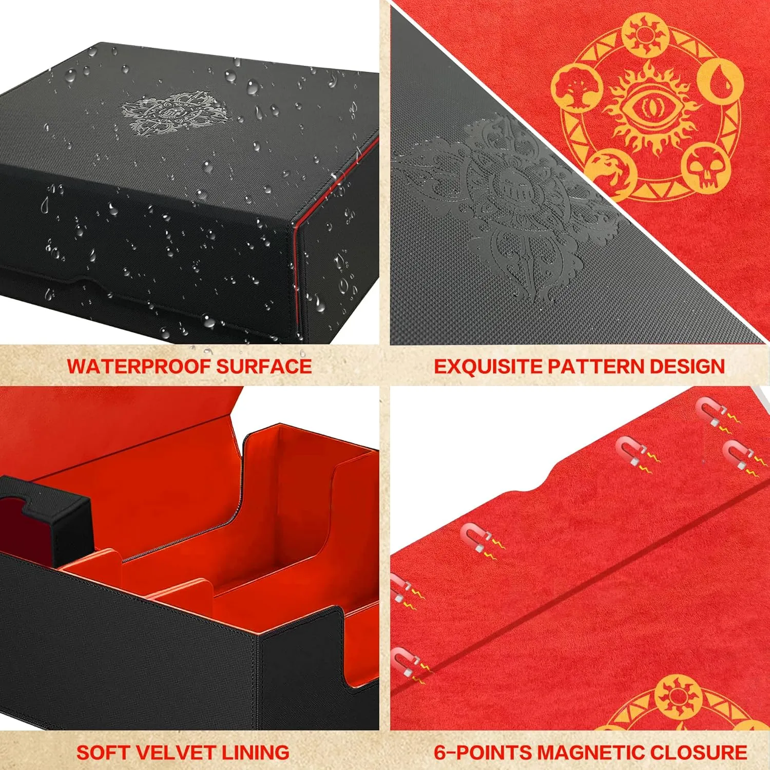 Trading Card Storage Box for MTG/TCG/YuGiOh, Commander Deck Case Fits 2000  Cards, 10 Dividers, Dice Set, 3 Foam Stoppers, PU Leather, Magnetic Closure, Magic, Sports Cards (Red)