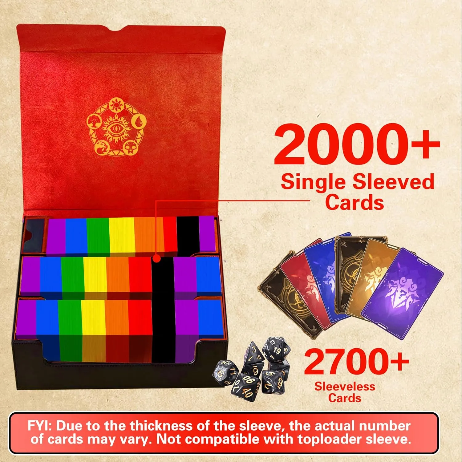 Trading Card Storage Box for MTG/TCG/YuGiOh, Commander Deck Case Fits 2000  Cards, 10 Dividers, Dice Set, 3 Foam Stoppers, PU Leather, Magnetic Closure, Magic, Sports Cards (Red)