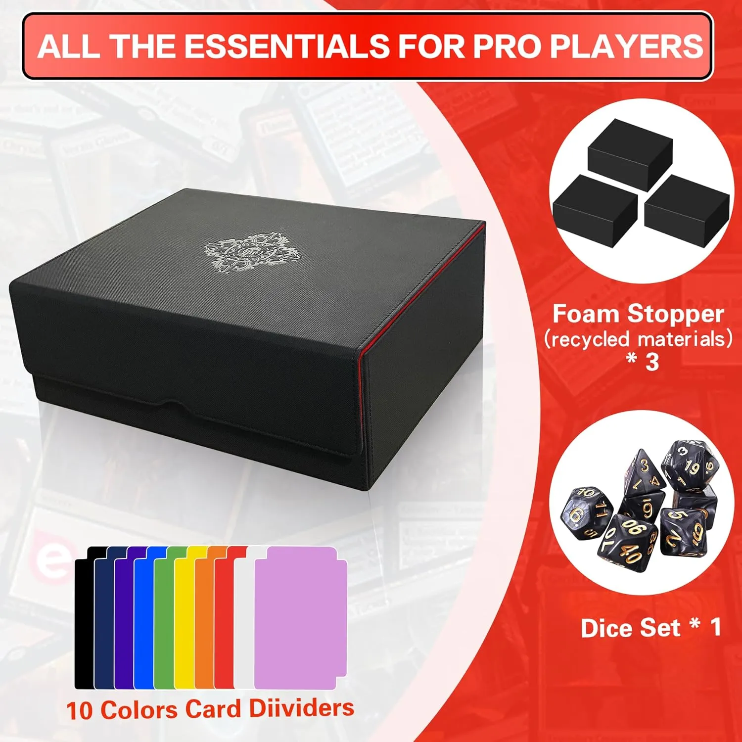 Trading Card Storage Box for MTG/TCG/YuGiOh, Commander Deck Case Fits 2000  Cards, 10 Dividers, Dice Set, 3 Foam Stoppers, PU Leather, Magnetic Closure, Magic, Sports Cards (Red)