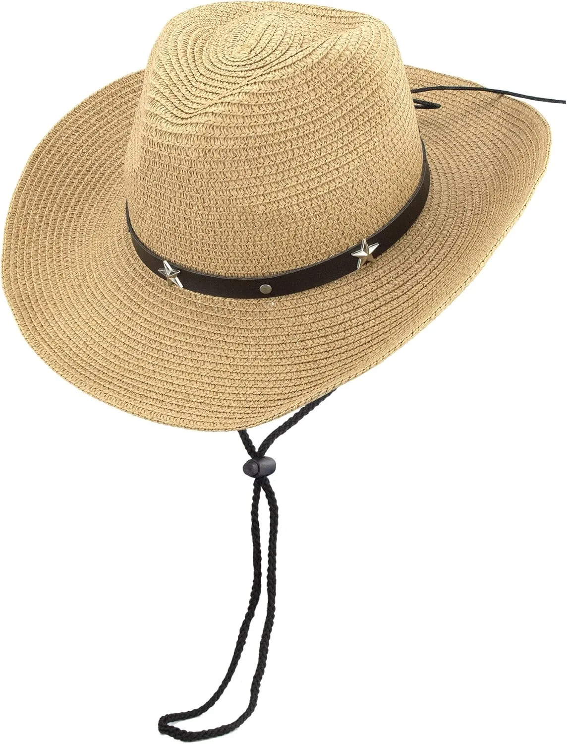 Women Straw Sun Hat Wide Brim Western Cowboy Cowgirls Style UV-Protection Beach Hat with Wind Lanyard