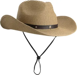 Women Straw Sun Hat Wide Brim Western Cowboy Cowgirls Style UV-Protection Beach Hat with Wind Lanyard