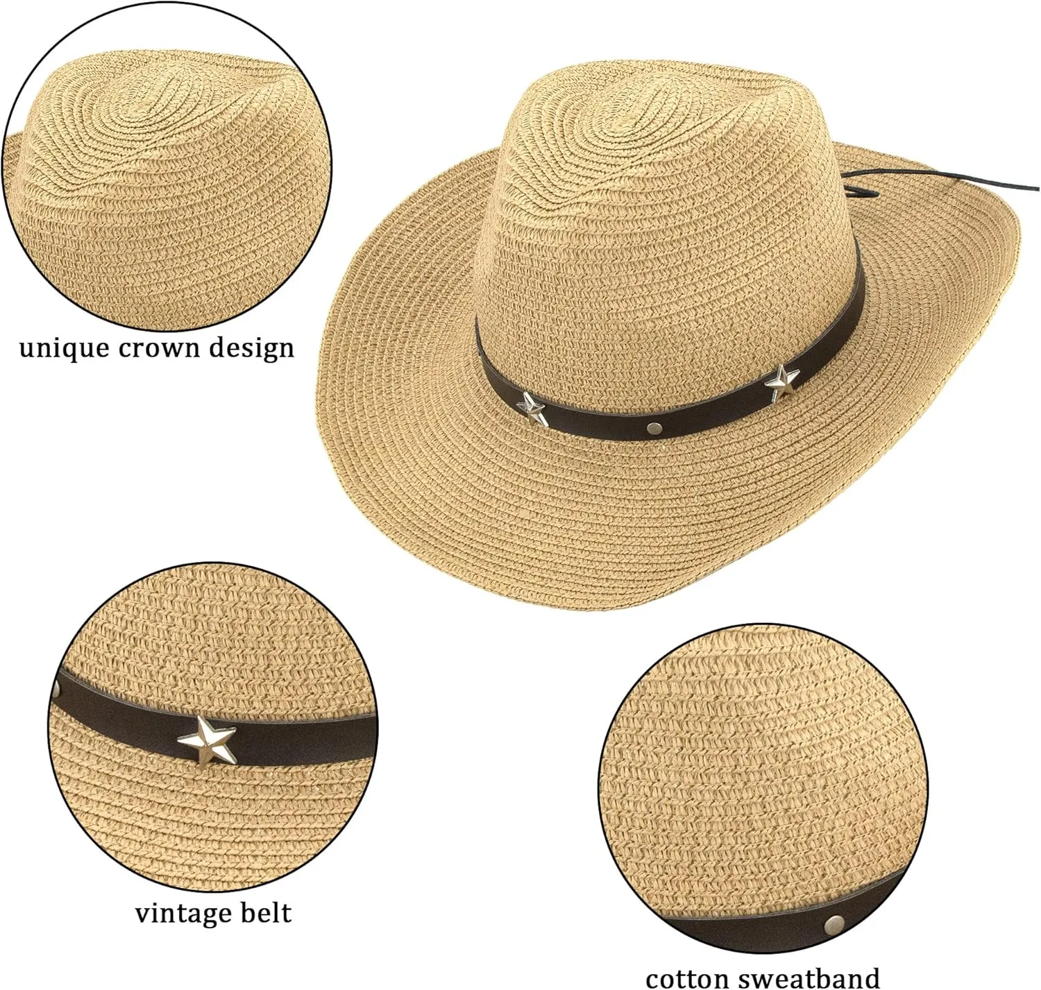 Women Straw Sun Hat Wide Brim Western Cowboy Cowgirls Style UV-Protection Beach Hat with Wind Lanyard