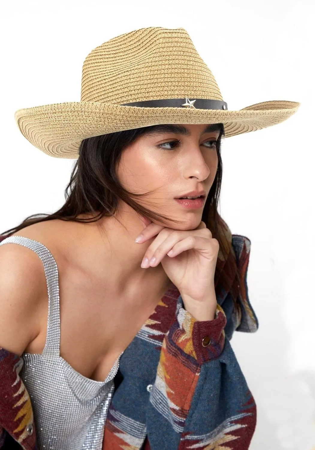 Women Straw Sun Hat Wide Brim Western Cowboy Cowgirls Style UV-Protection Beach Hat with Wind Lanyard