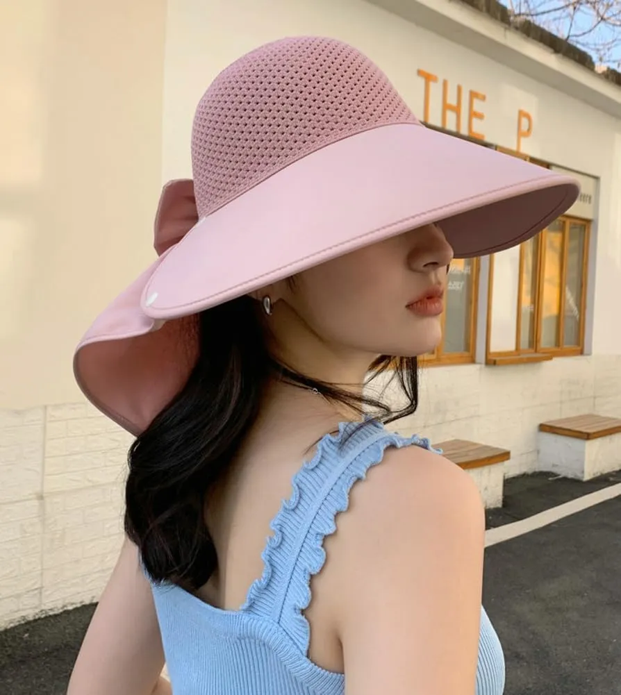 Women's Summer hat Diamond-Encrusted Sun Block hat UV Protection Large Brim Design Neck Cape hat for Beach Hiking Outdoor