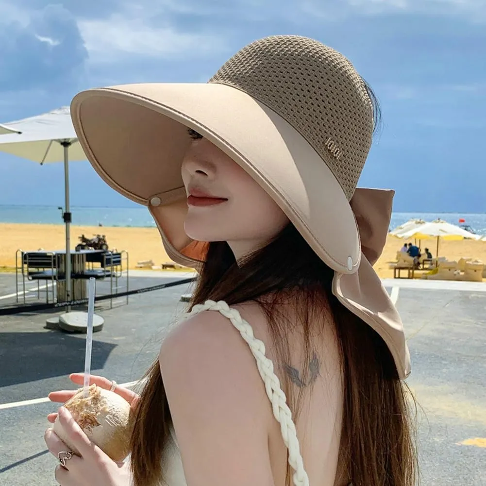 Women's Summer hat Diamond-Encrusted Sun Block hat UV Protection Large Brim Design Neck Cape hat for Beach Hiking Outdoor
