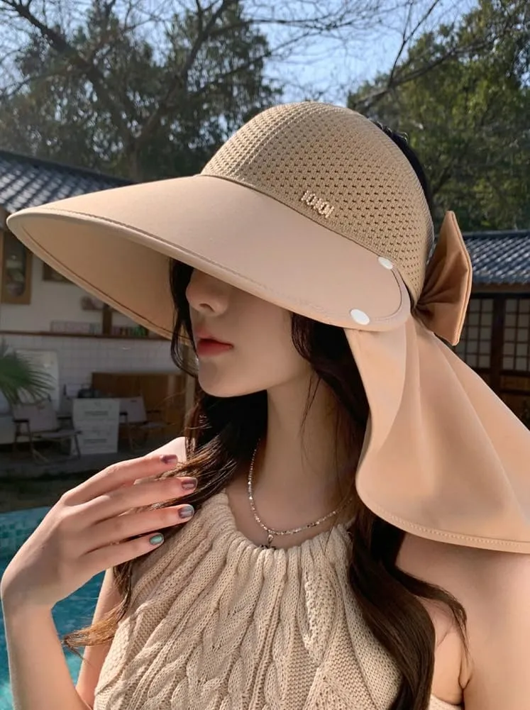 Women's Summer hat Diamond-Encrusted Sun Block hat UV Protection Large Brim Design Neck Cape hat for Beach Hiking Outdoor