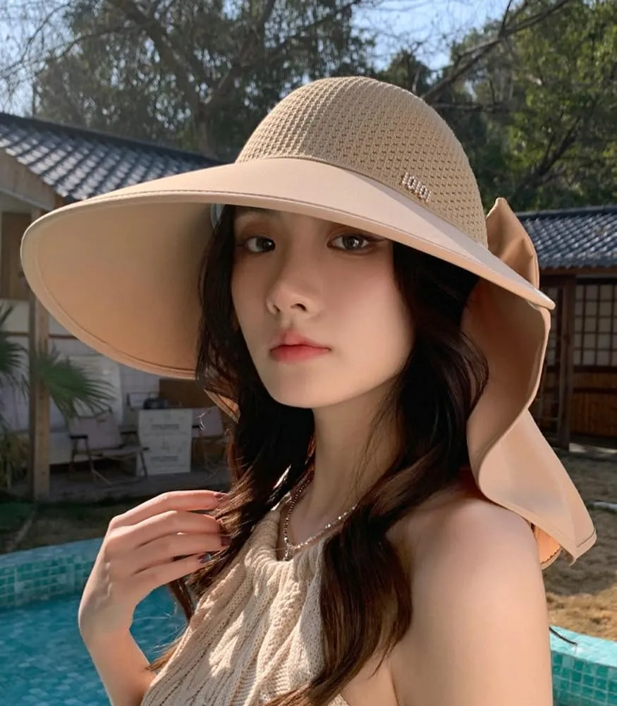 Women's Summer hat Diamond-Encrusted Sun Block hat UV Protection Large Brim Design Neck Cape hat for Beach Hiking Outdoor