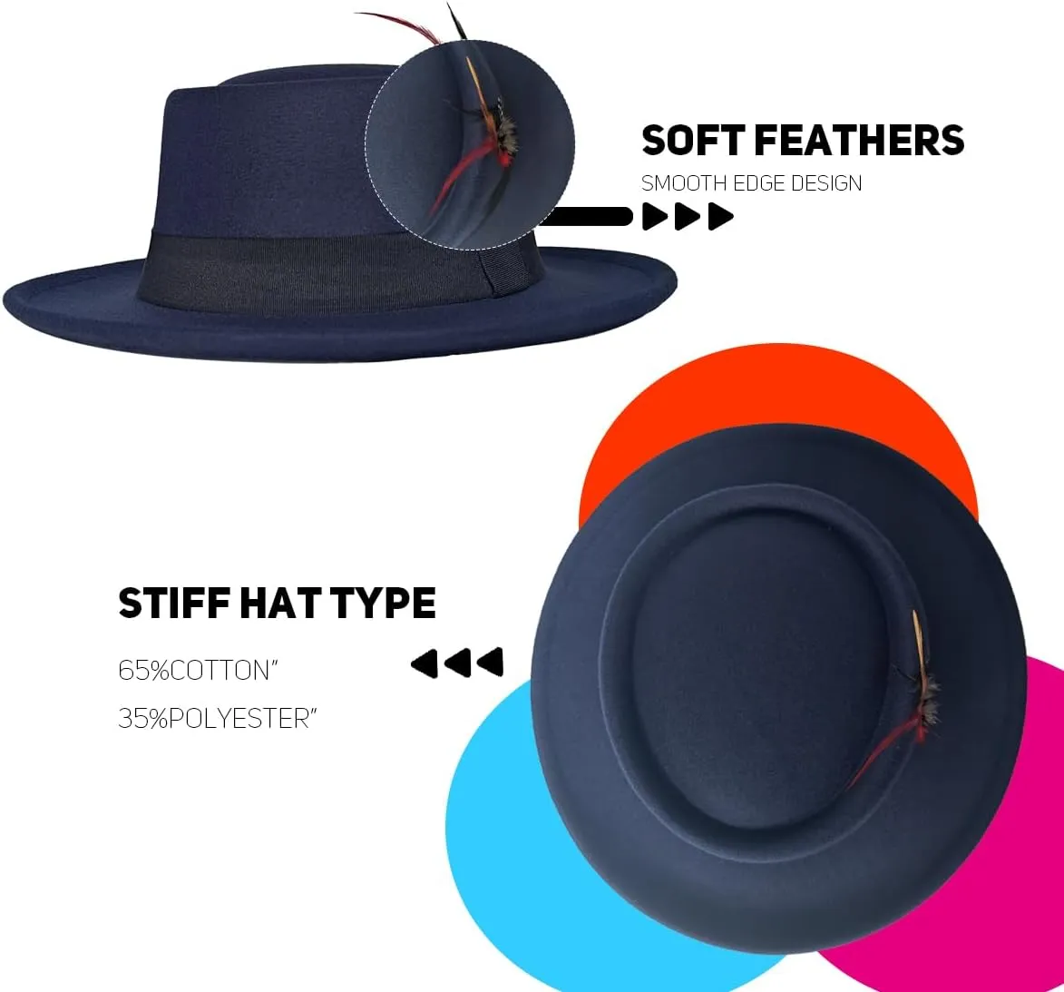 Wool Felt Fedora Hats for Women Men, Wide Brim Flat Top Hat Porkpie Hat, Jazz Hat with Feather Unisex