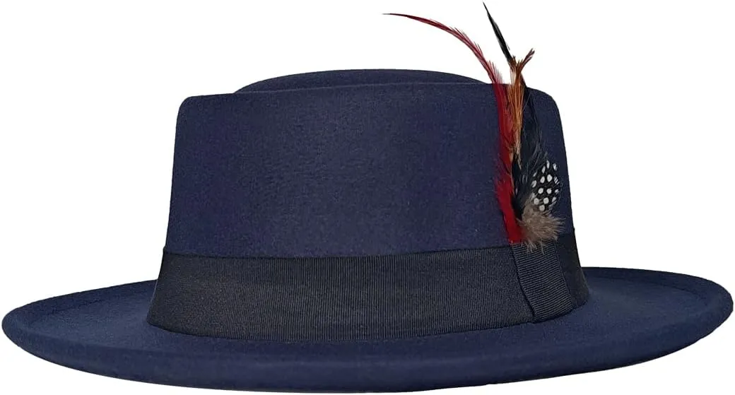 Wool Felt Fedora Hats for Women Men, Wide Brim Flat Top Hat Porkpie Hat, Jazz Hat with Feather Unisex