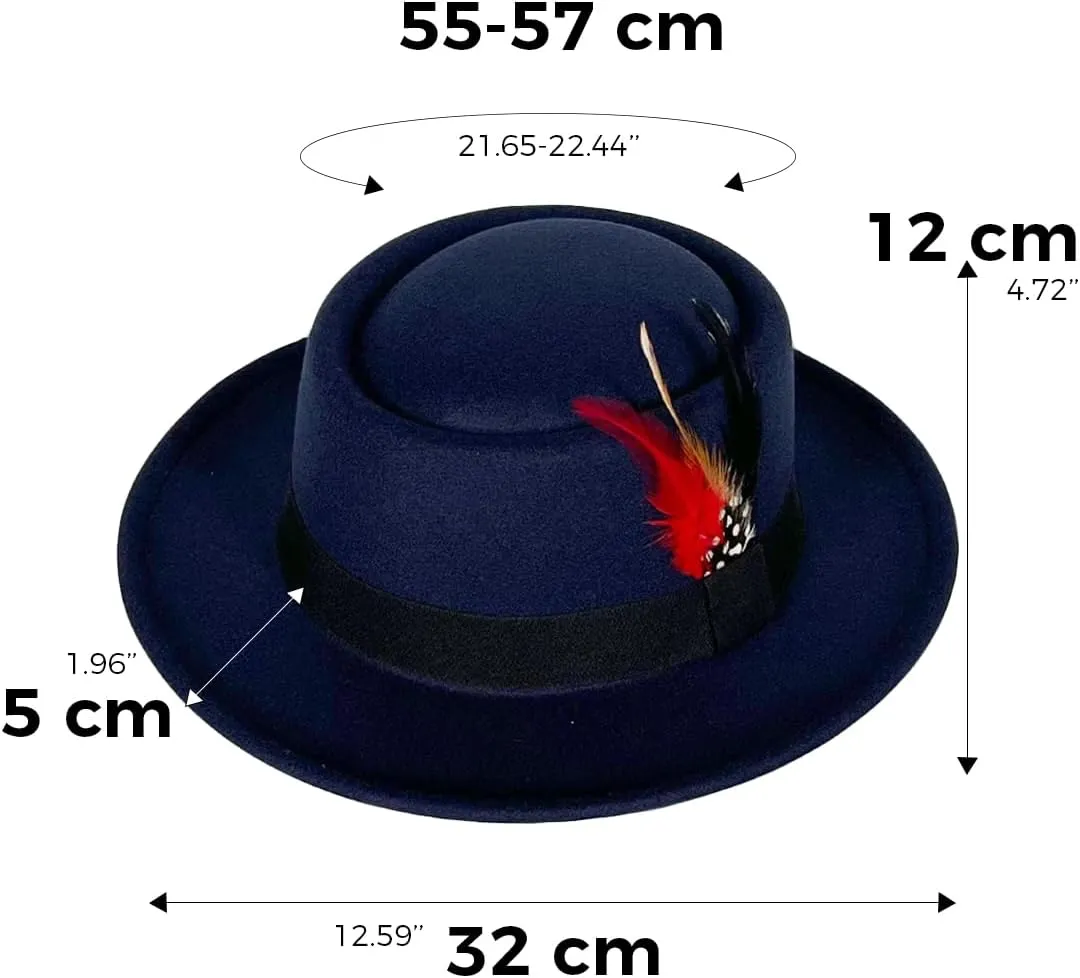 Wool Felt Fedora Hats for Women Men, Wide Brim Flat Top Hat Porkpie Hat, Jazz Hat with Feather Unisex