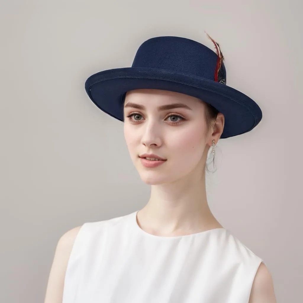 Wool Felt Fedora Hats for Women Men, Wide Brim Flat Top Hat Porkpie Hat, Jazz Hat with Feather Unisex